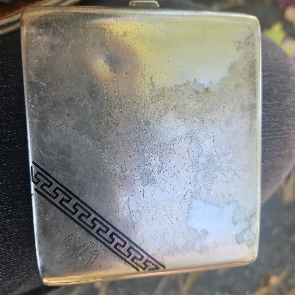 Silver Metal Cigarette Case with Black Greek Key Design